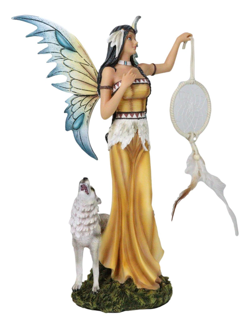 Large Native Indian Fairy Pocahontas Holding Dreamcatcher With Grey Wolf Statue