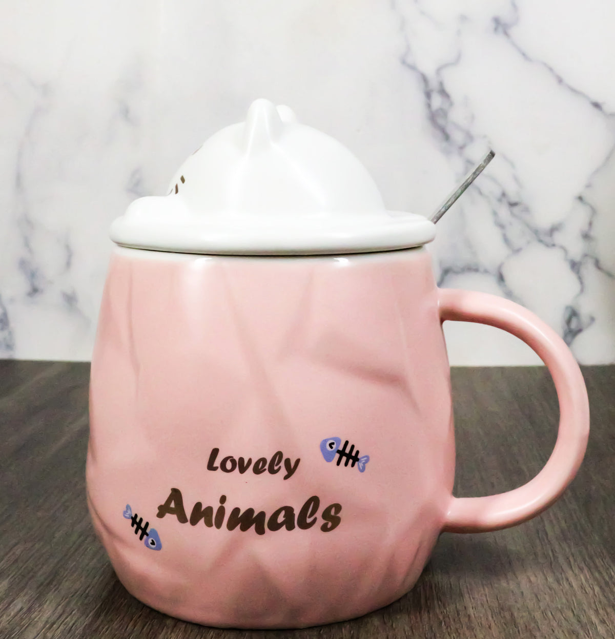Whimsical Pastel Pink Feline Kitty Cat Cup Mug With Lid And Stirring Spoon