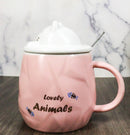 Whimsical Pastel Pink Feline Kitty Cat Cup Mug With Lid And Stirring Spoon