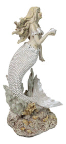 Large Vintage Sea Goddess Mermaid Holding Sconce Standing By Coral Reef Statue