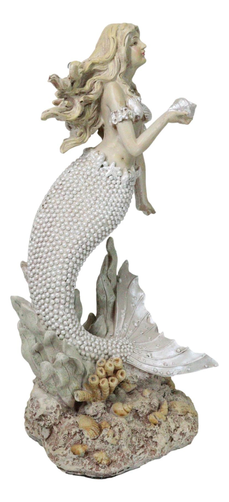 Large Vintage Sea Goddess Mermaid Holding Sconce Standing By Coral Reef Statue