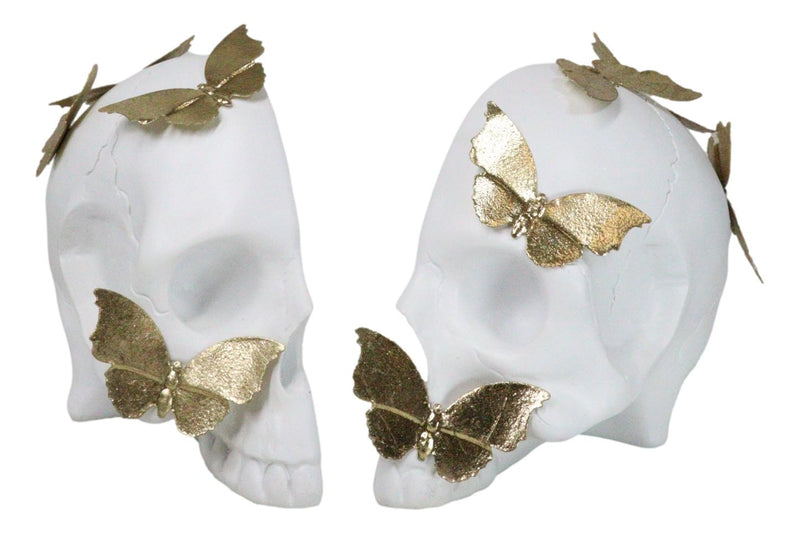 Metamorphosis Golden Butterflies On White Skull Halves Figurine Bookends Set