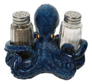 Blue Spotted Nautical Marine Cephalopod Octopus Salt Pepper Shakers Holder Set
