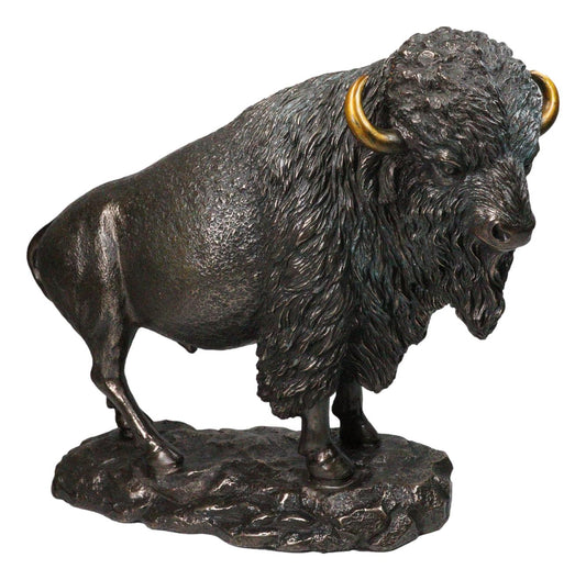 Large North American Open Grassland Plains Bison Buffalo On Rock Base Statue