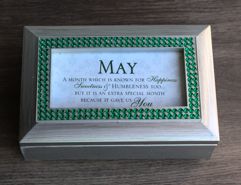 May Green Emerald Happiness Humility Birthstones Silver Tone Musical Trinket Box