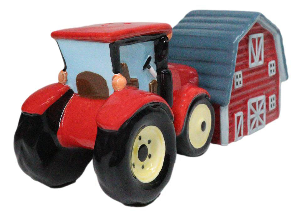 Ceramic Agricultural Country Farm Red Barn And Tractor Salt And Pepper Shakers