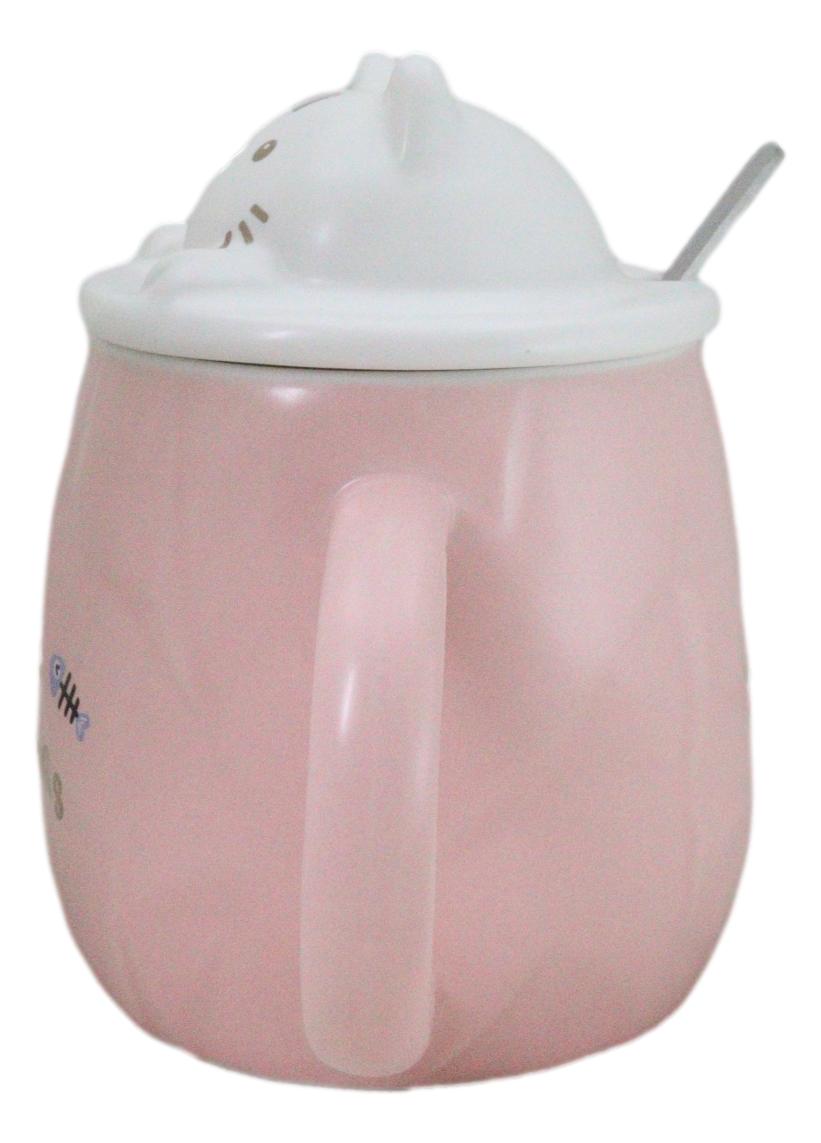 Whimsical Pastel Pink Feline Kitty Cat Cup Mug With Lid And Stirring Spoon