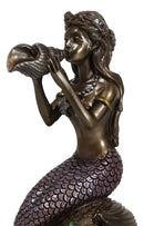 Ocean Marine Mermaid Siren Princess Blowing Sconce Shell On Coral Rock Figurine