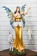 Large Native Indian Fairy Pocahontas Holding Dreamcatcher With Grey Wolf Statue