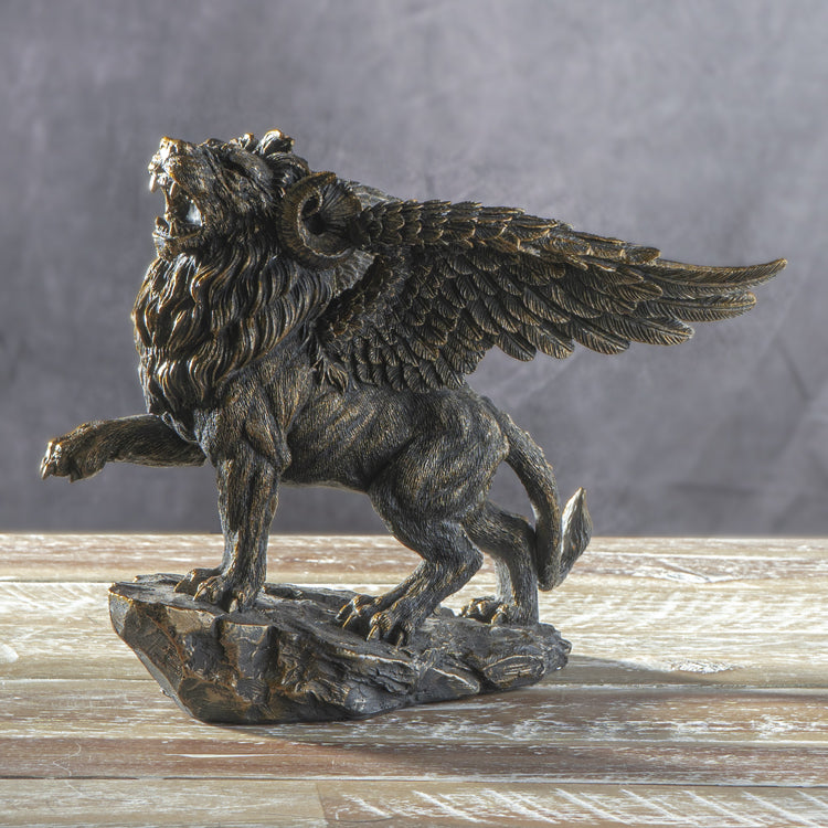 Faux Bronze Greek Guardian Winged Lion Chimera Gargoyle With Goat Horns Figurine