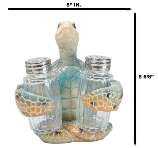 Nautical Marine Blue Giant Sea Turtle Hugging Salt And Pepper Shakers Holder Set - Ebros Gift