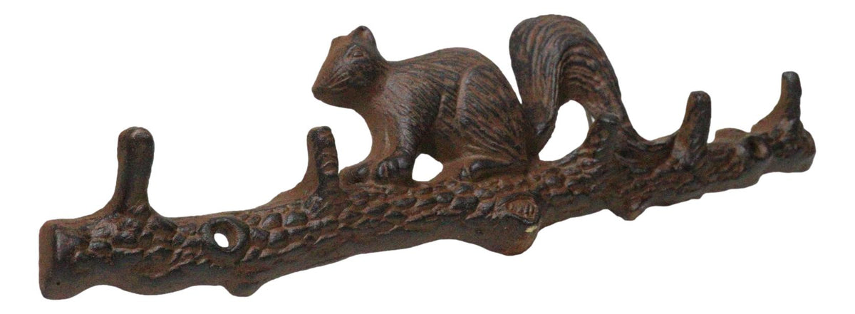 Rustic Cast Iron Playful Squirrel Perching On Tree Branch 4-Peg Wall Hooks Decor - Ebros Gift