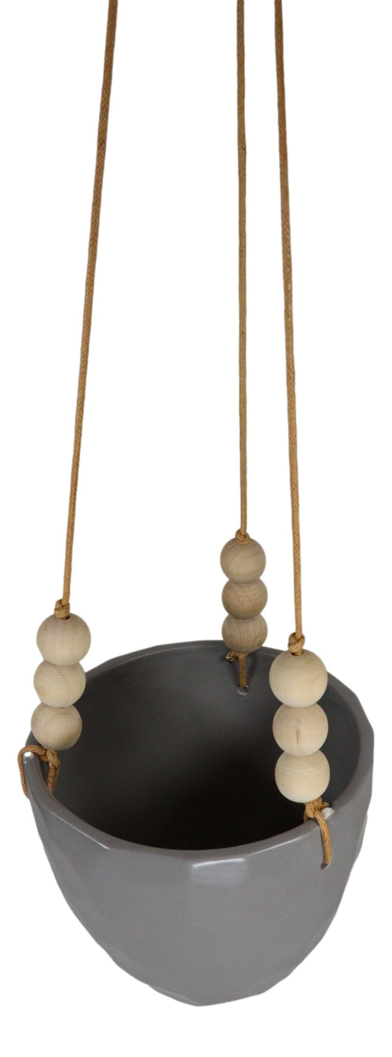 Contemporary Ribbed Ceramic Grey Oval Hanging Planter Pot With Beaded Strings