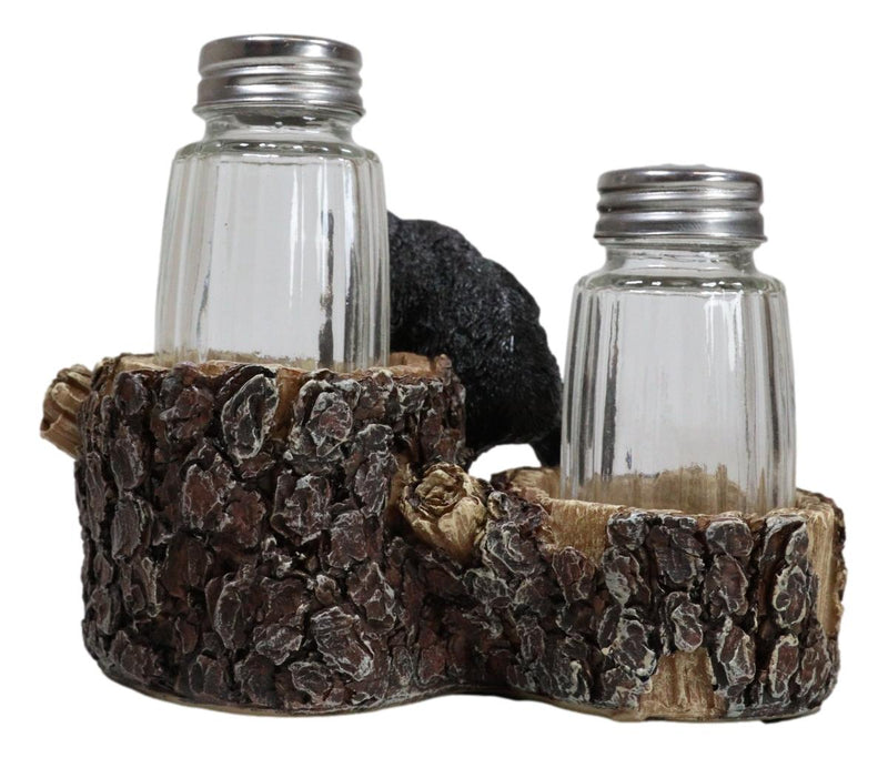 Rustic Forest 2 Black Bear Cubs Playing By Tree Logs Salt Pepper Shakers Holder