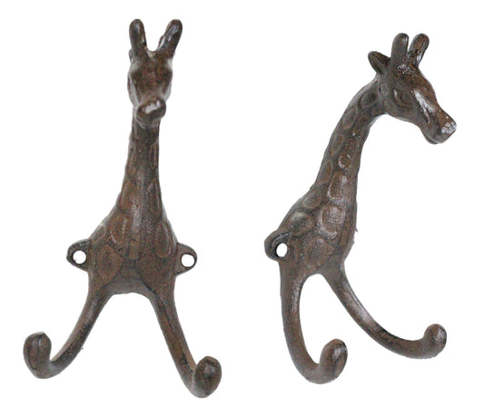 Pack Of 2 Cast Iron Safari Masai Giraffe Head Decor Double Wall Coat Towel Hooks - Ebros Gift