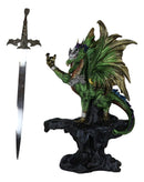 Green Knight Armored Rune Dragon With Gothic Skull Sword Letter Opener Figurine