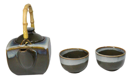 Olive Green White Sands Zen Fusion Reactive Glaze 32oz Teapot And 2 Tea Cups Set