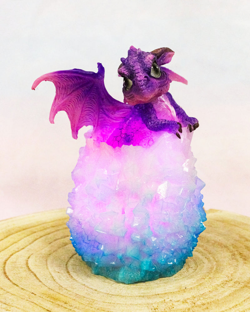 Whimsical Cute Purple Baby Dragon Hatchling in LED Crystal Icicles Egg Figurine
