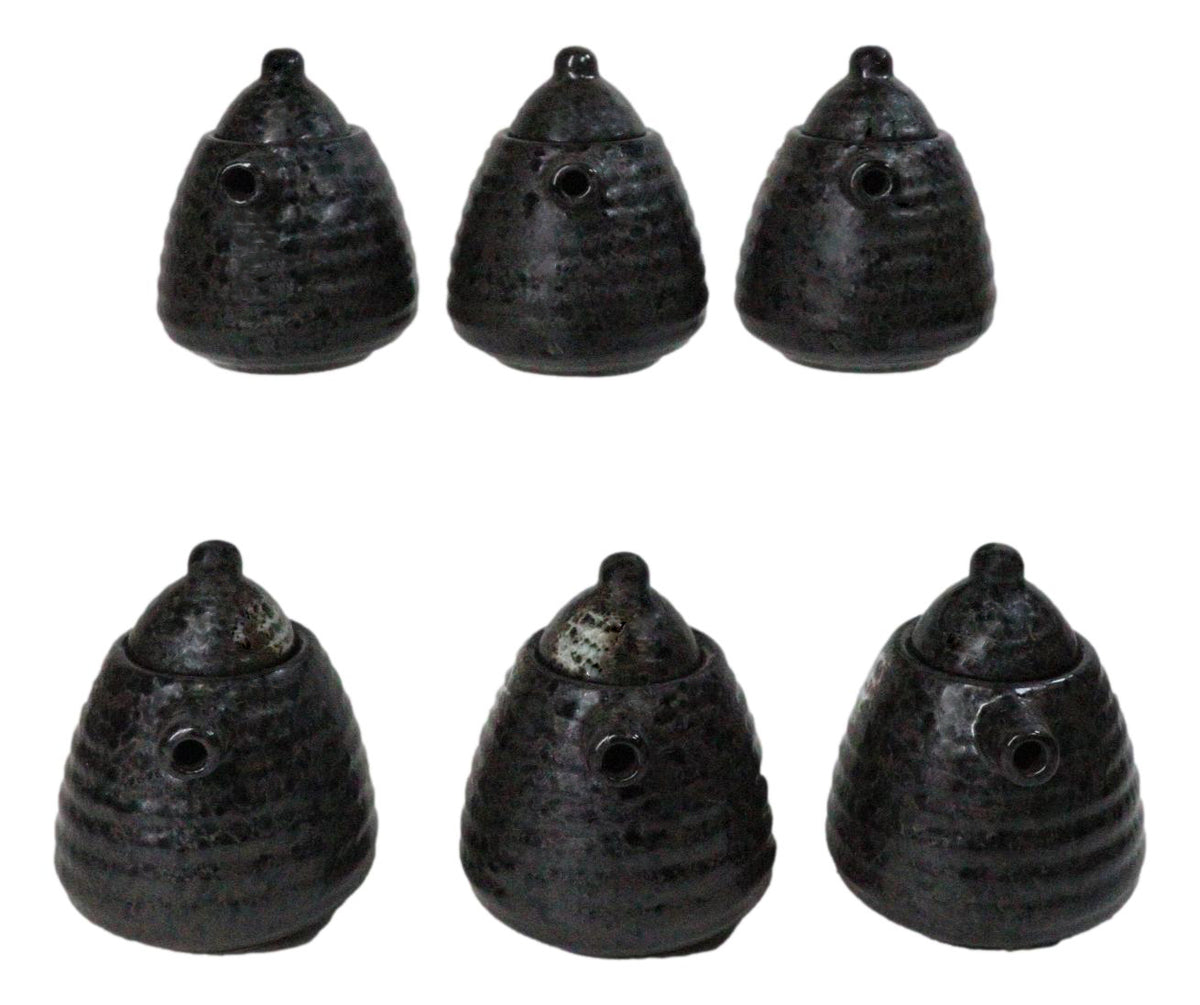 Set Of 6 Charcoal Grey Hakumu Tenmoku Porcelain Soy Sauce Shoyu Flask Dispensers