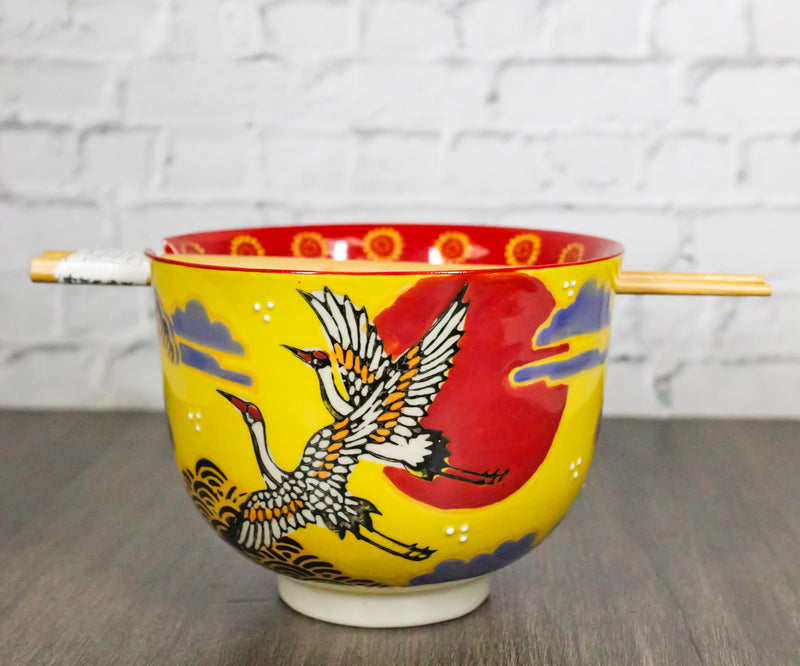 Japanese Cranes With Red Moon Yellow Donburi Ramen Soup Bowl With Chopsticks Set
