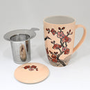 Beige Crane Flowers 15oz Porcelain Tea Mug With Lid And Stainless Steel Infuser