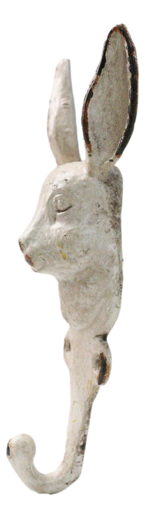 Distressed White Finish Cast Iron Whimsical Bunny Rabbit Wall Coat Hat Hook