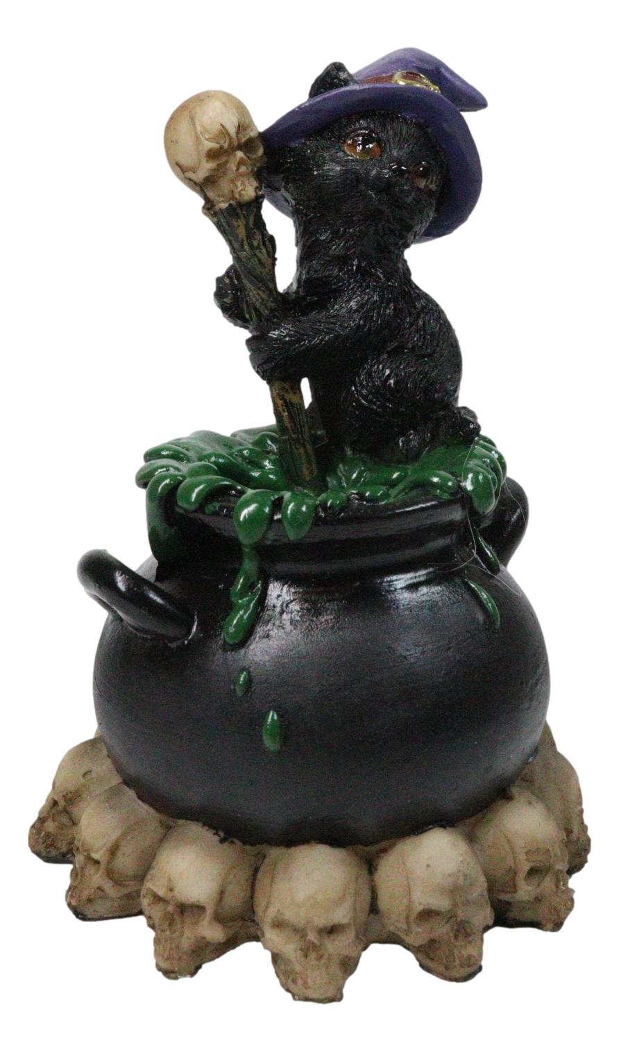 Witch Hat Black Cat Brewing Potion in LED Cauldron with Skulls Bonfire Figurine