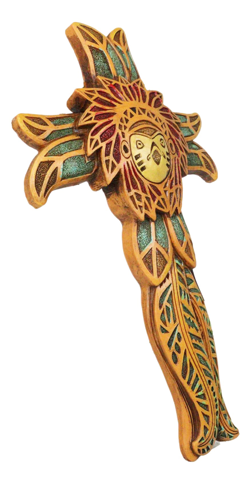 Native American Indian Owl Chief with Headdress Floral Faux Wooden Wall Cross