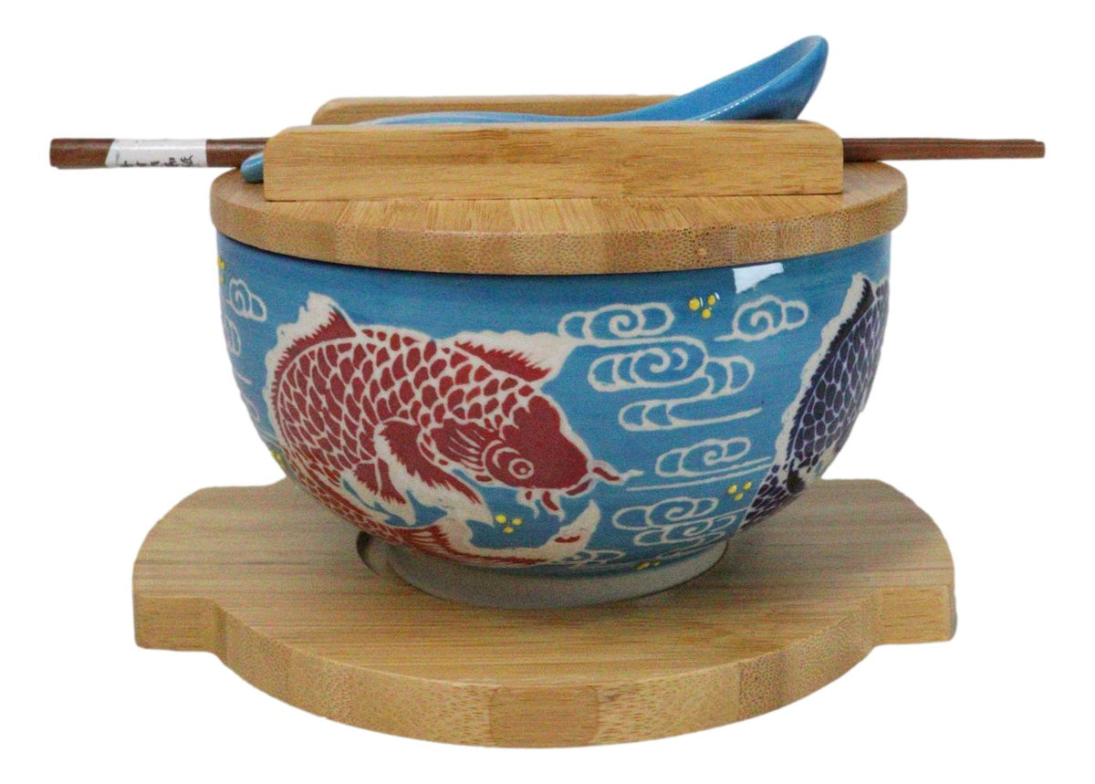 Blue And Red Koi Fishes Donburi Ramen Bowl With Lid Trivet Spoon Chopsticks Set