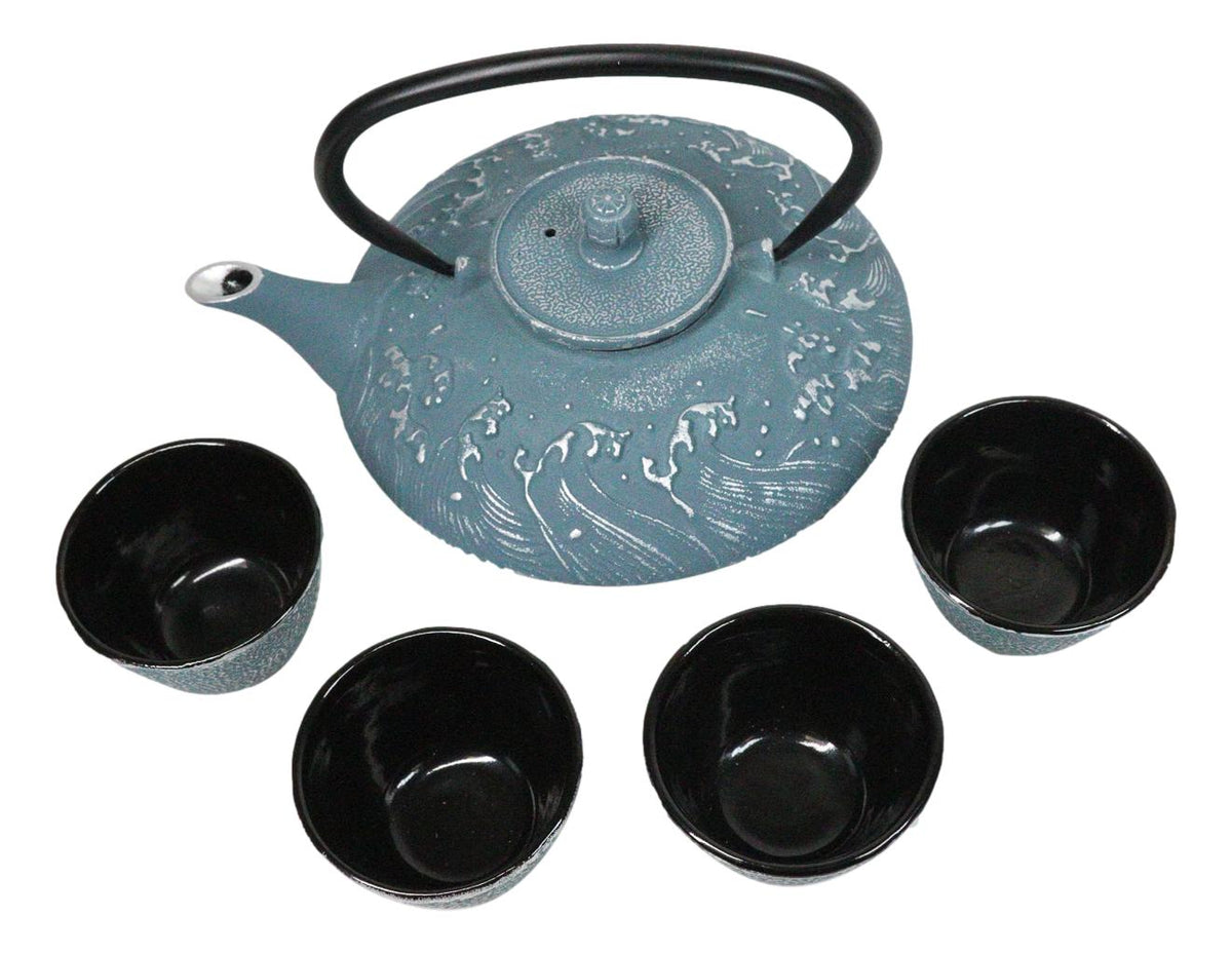 Royal Blue Ocean Sea Waves Tetsubin 27oz Cast Iron Tea Pot With 4 Cups Set