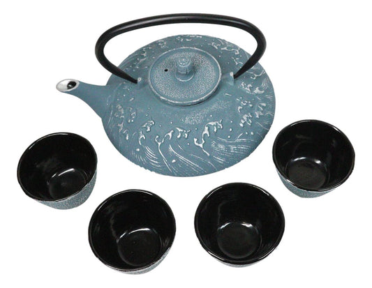 Royal Blue Ocean Sea Waves Tetsubin 27oz Cast Iron Tea Pot With 4 Cups Set