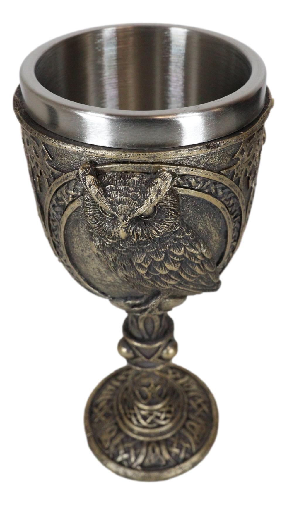 Wicca Wisdom Of The Woods Great Horned Owl Perching On Pentagram Wine Goblet