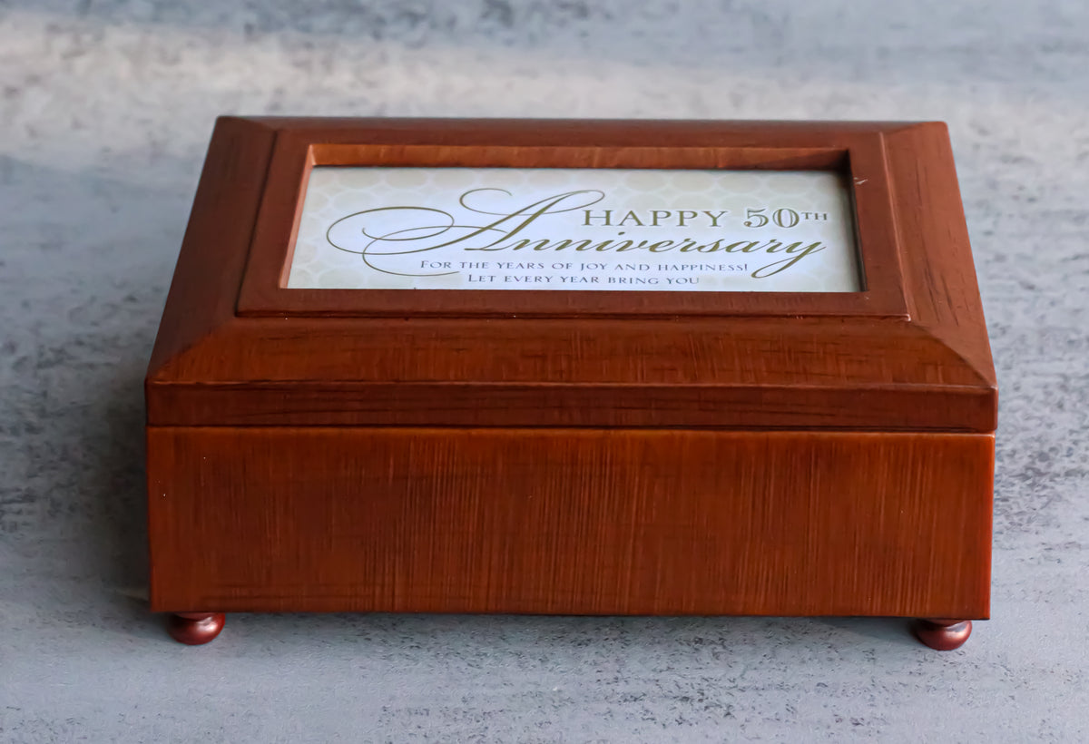 Happy Fiftieth 50th Anniversary Polished Burlwood With Trinket Wind Up Music Box