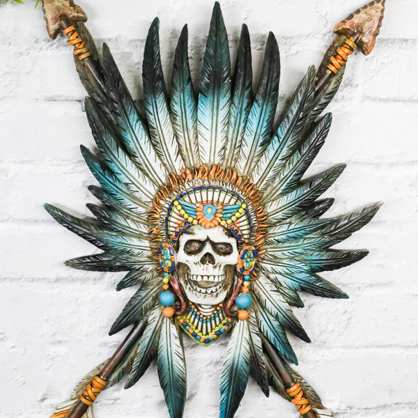 Southwestern Native Indian Chief Skull With Roach And Crossed