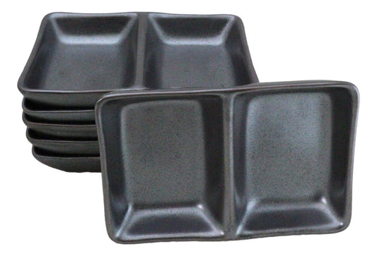 Pack Of 6 Ceramic Tetsu Kesho Soy Sauce Or Condiment Dishes With 2 Compartments