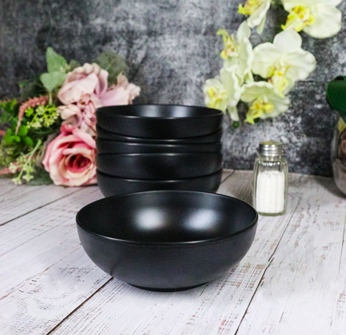 Pack Of 6 Modern Matte Black Melamine Round Appetizer Rice Shallow Bowls 16oz