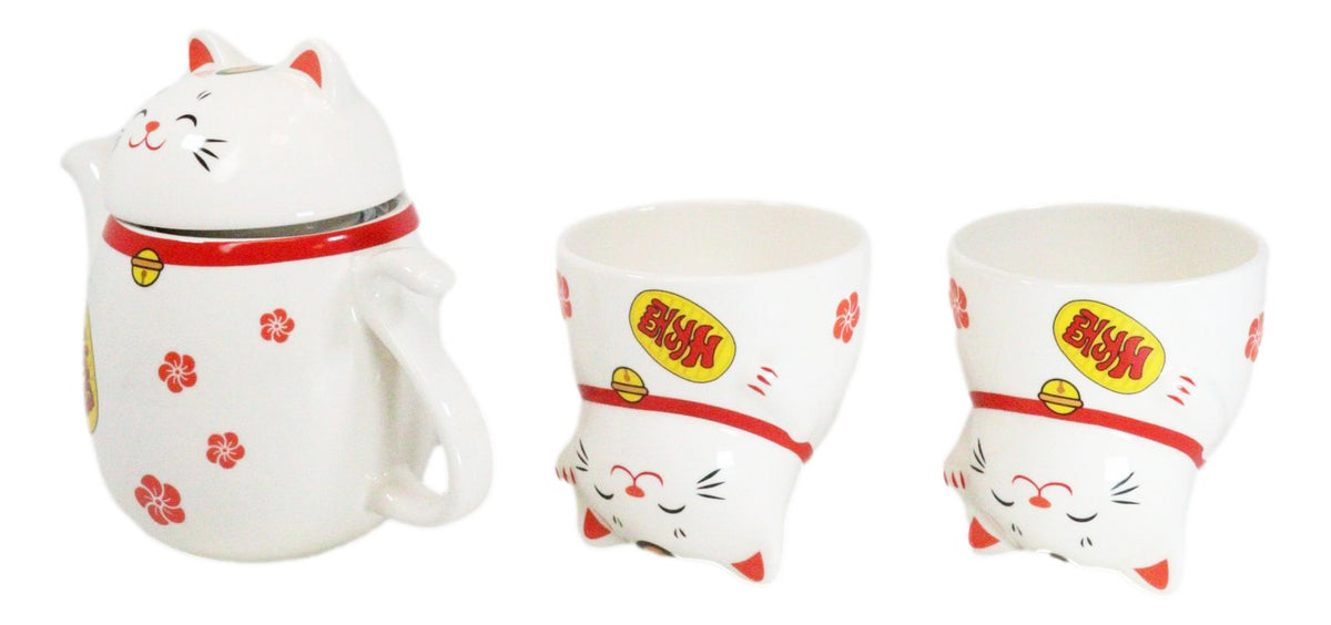 Japanese Maneki Neko Lucky Beckoning Cat Ceramic Tea Pot And 2 Teacup Mugs Set
