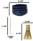 Navy Blue Sakura Blooms Ceramic Japanese Matcha Green Tea Bowl Whisk & Scoop Set