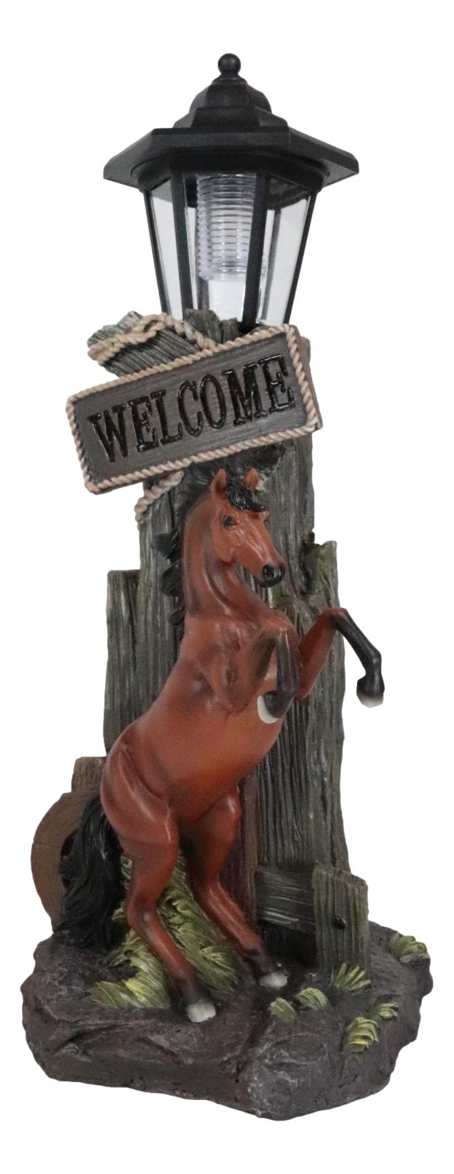 Ebros Western Rearing Horse with Welcome Sign Statue w/ Solar LED Lantern Light