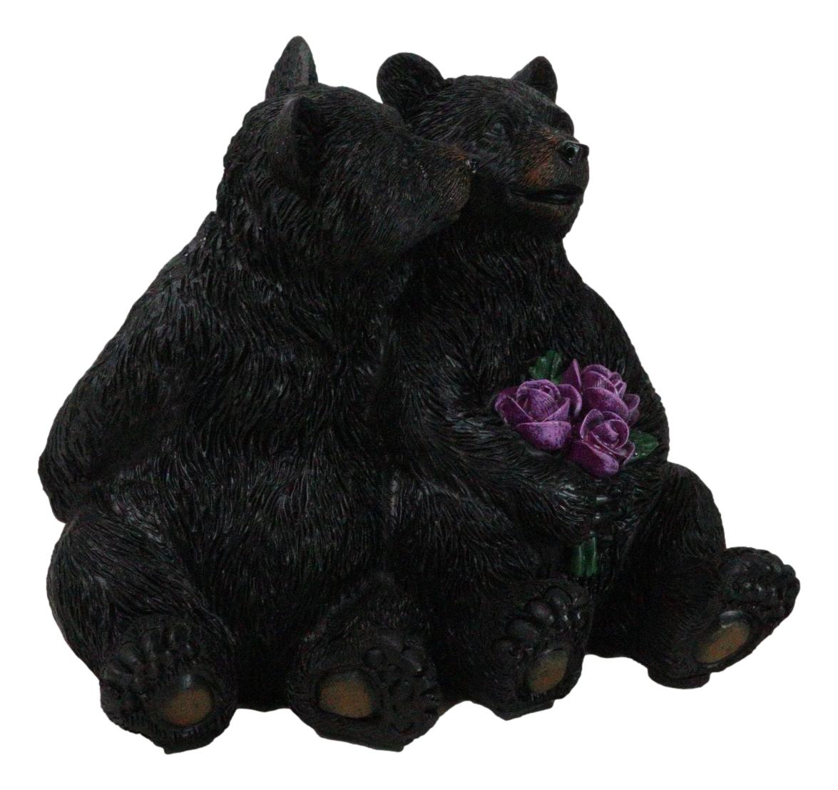 Rustic Forest Whimsical Cuddling Black Bear Couple with Flower Bouquet Figurine