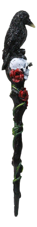 Fantasy Raven Crow Perching On White Skull with Rose Vines Decorative Magic Wand