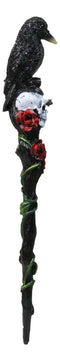 Fantasy Raven Crow Perching On White Skull with Rose Vines Decorative Magic Wand