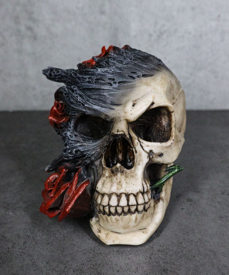Day of The Dead Romantic Gothic Thorny Red Roses Two Faced Skull Figurine