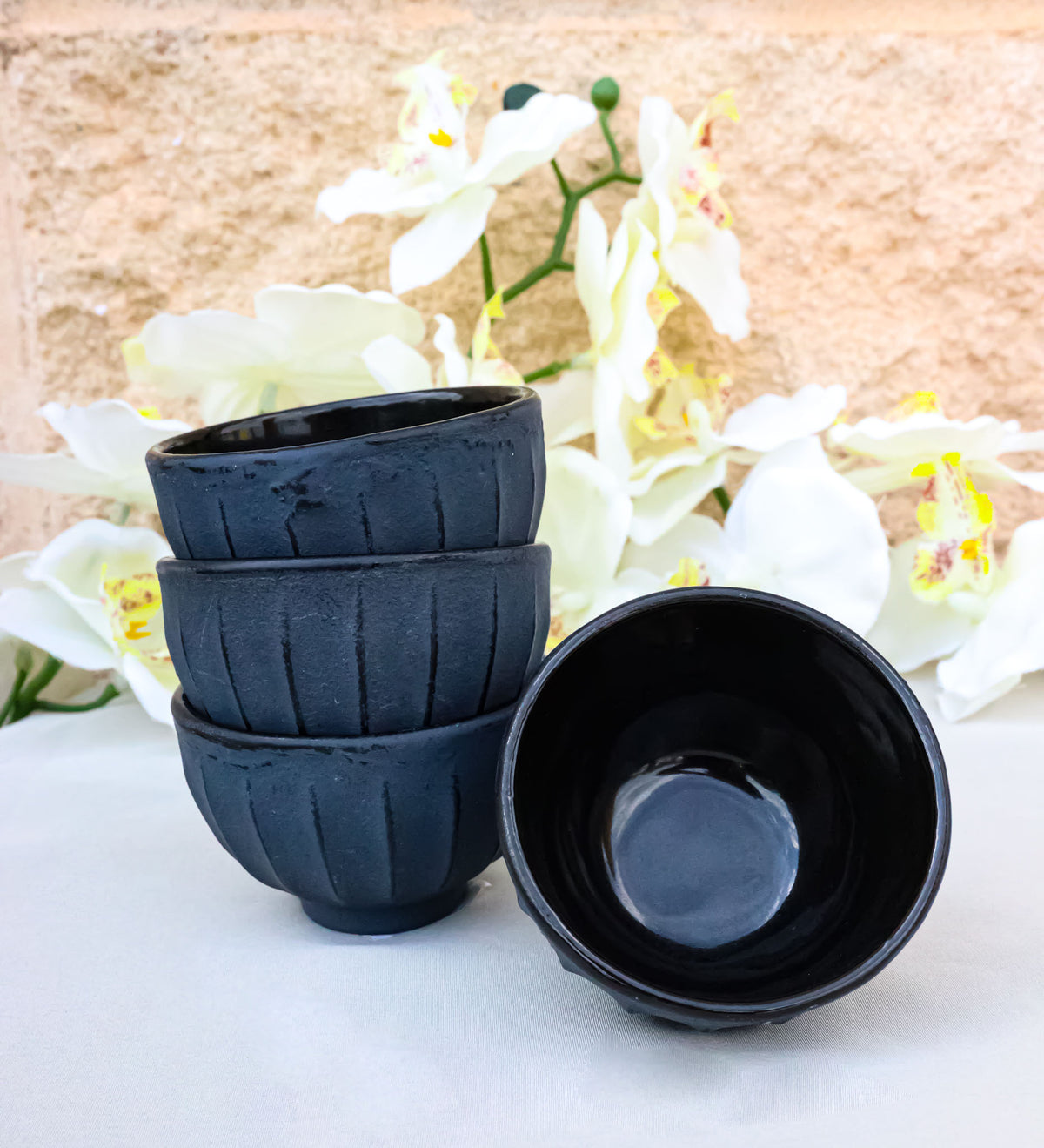 Dark Gray Ridged Lines Japanese Tetsubin Style Cast Iron Tea Cups Set of 4