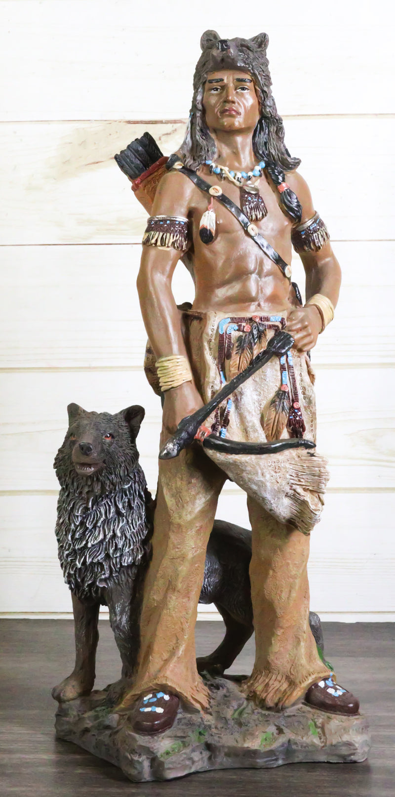 Native Tribal Indian Warrior Holding Bow And Arrow With Alpha Gray Wolf Figurine