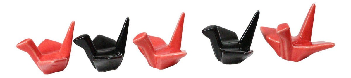 5 Pairs Of Red Black Japanese Cranes Ceramic Rests With Wooden Chopsticks Set