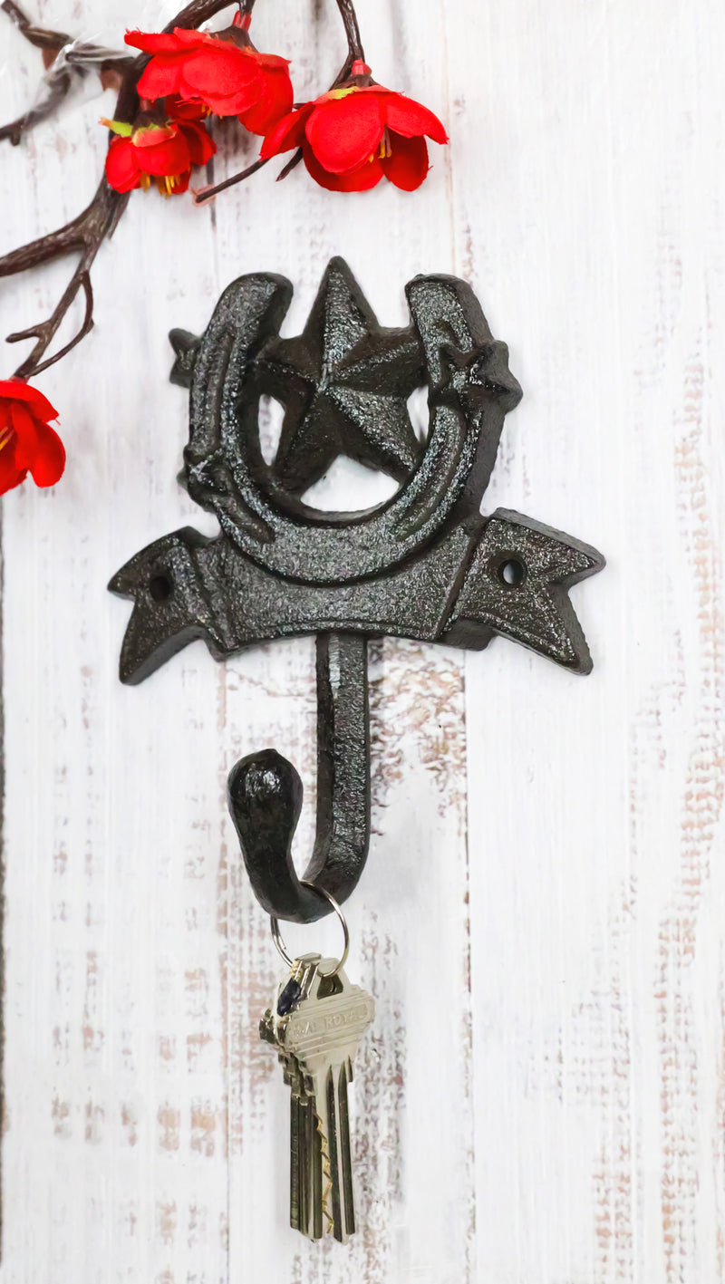 Set Of 2 Cast Iron Rustic Western Cowboy Lone Star Horseshoe Coat Hat Wall Hooks