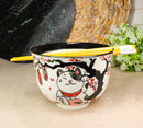 Lucky Cat Maneki Neko Sakura Festival Porcelain Ramen Bowl With Chopsticks Set