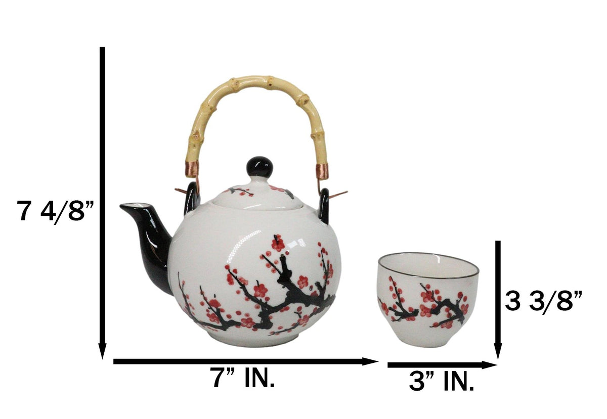 White Pink Sakura Cherry Blossoms Porcelain 30oz Teapot And 4 Tea Cups Set