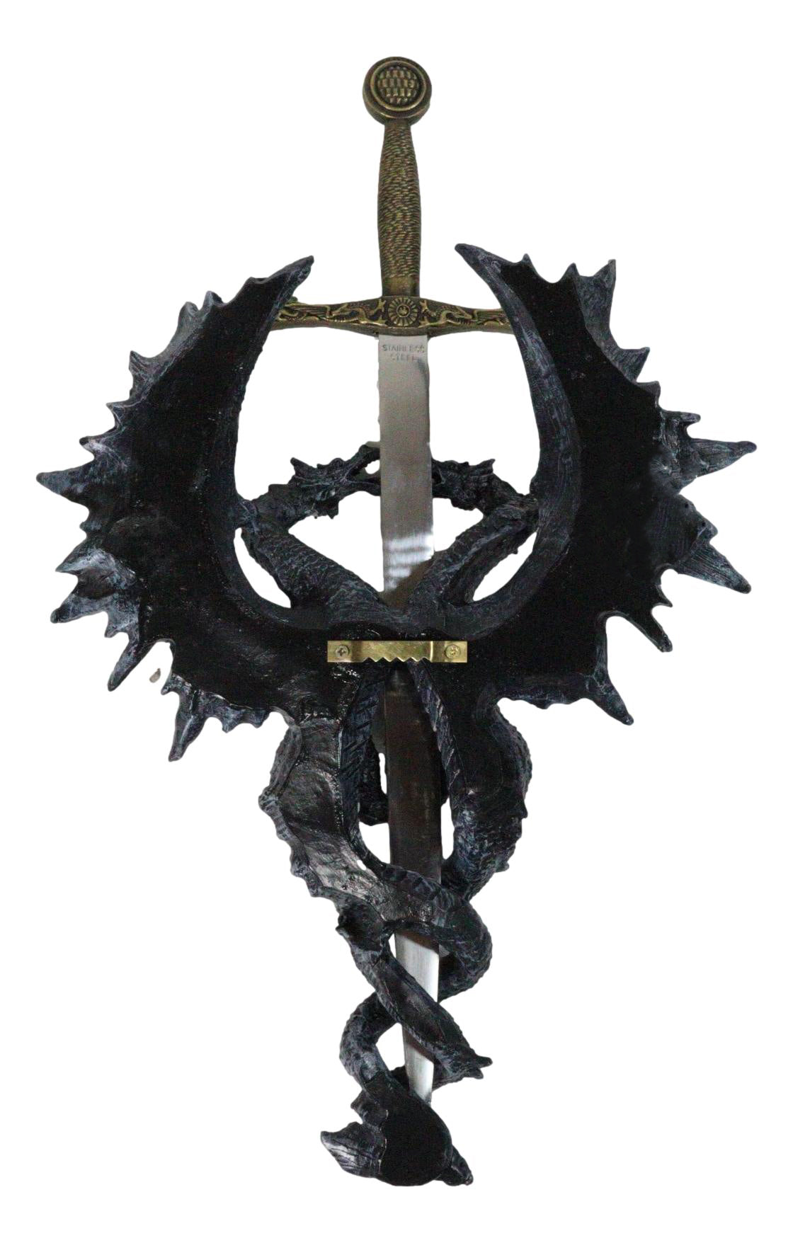 Gothic Fantasy Double Dragon Wall Decor Plaque With Medieval Sword 14" Tall